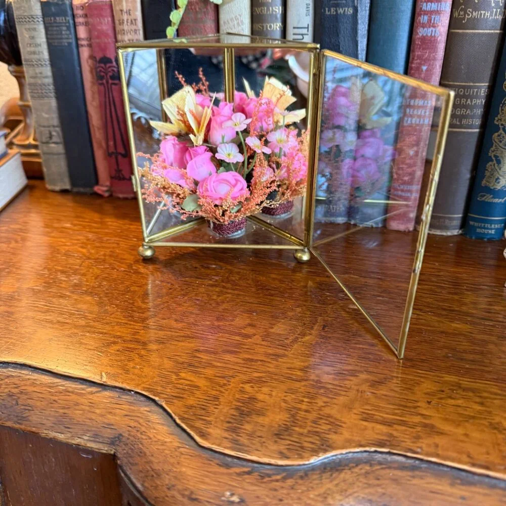 Vintage Glass/Mirrors & Brass Triangular Box with Flowers